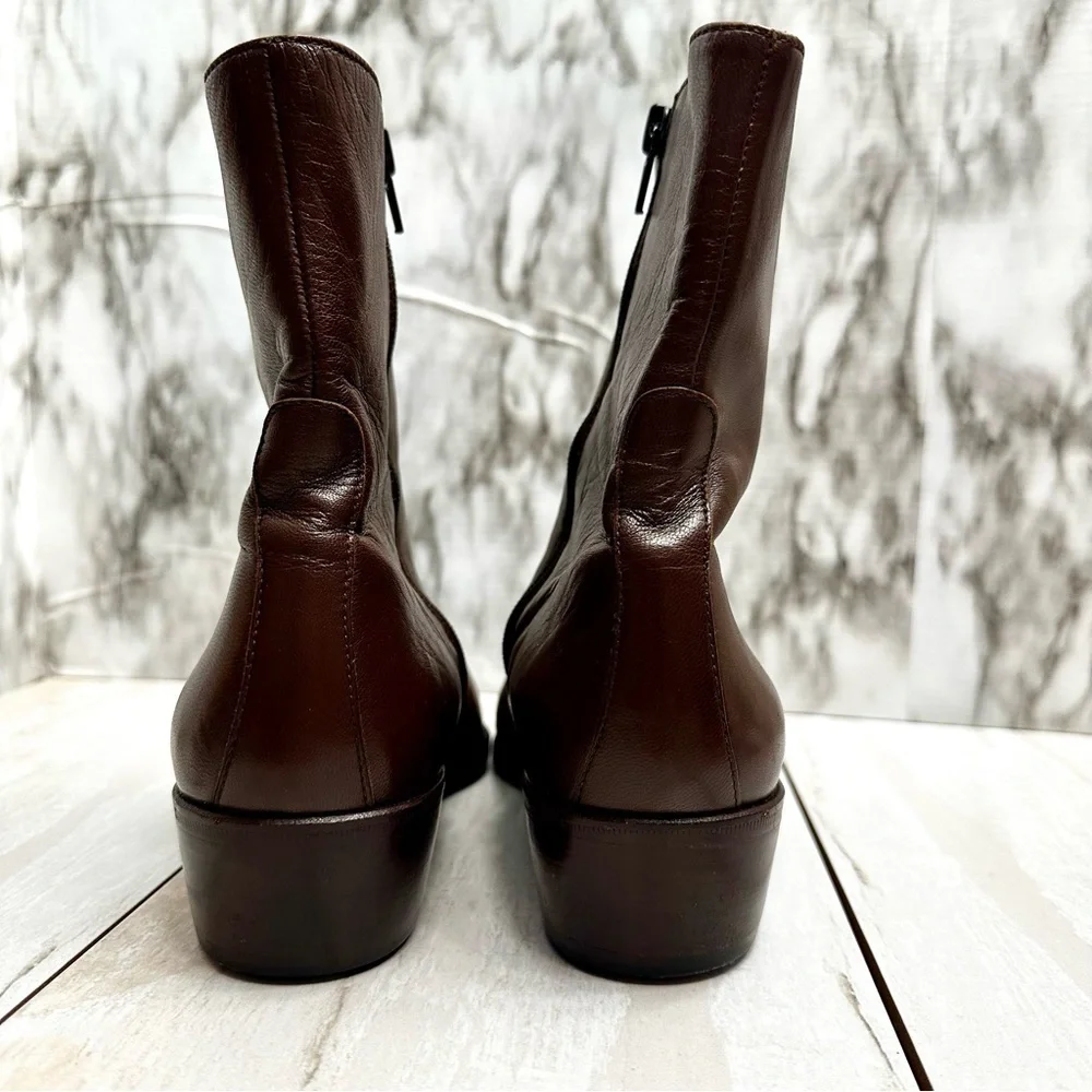 Men Classic Warm Brown Leather Resoled Office Side Zip Dress Boots Stacked Heel